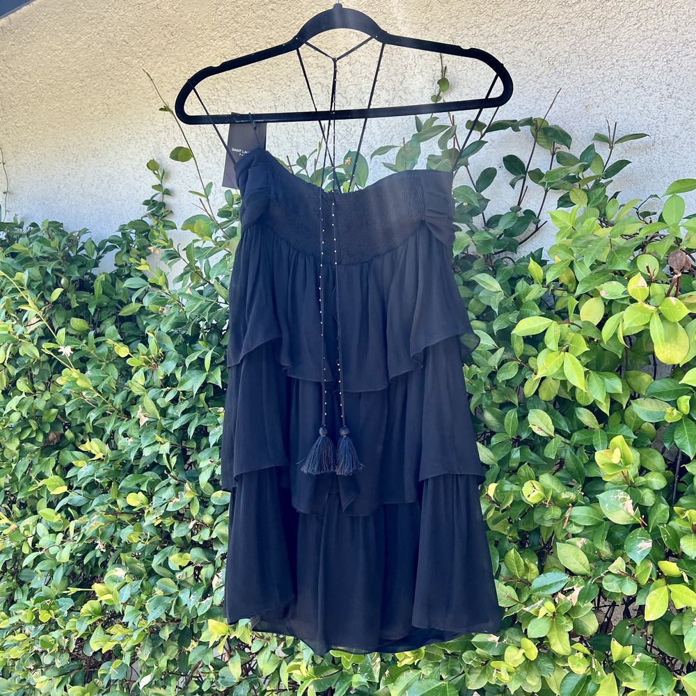 SAINT LAURENT Dress Black Silk Ruffle Tiered Mini Size 40 US 8 Medium NWT YSL - Picture 4 of 9